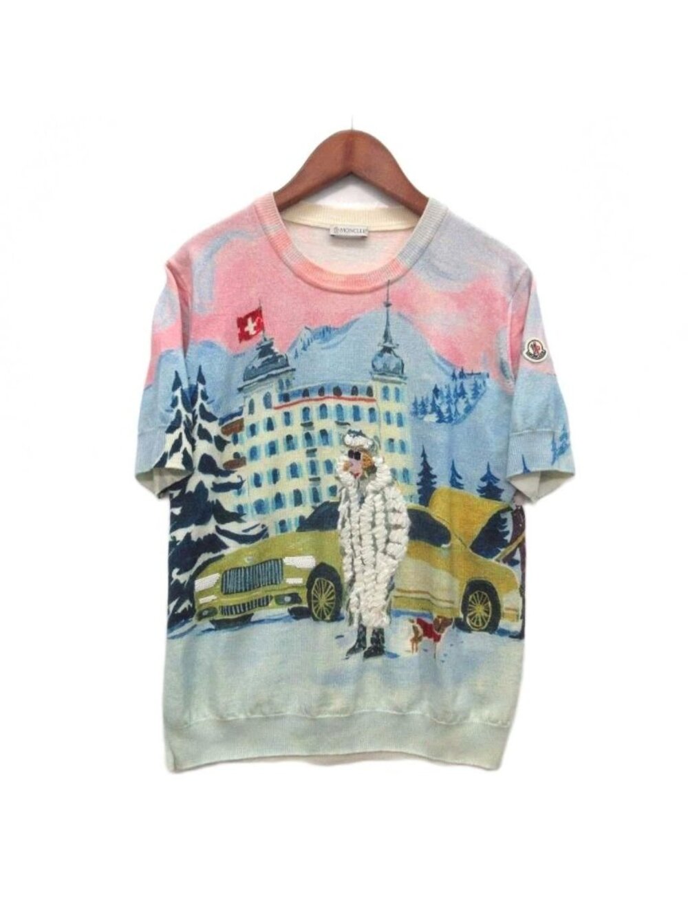 Moncler Snow Resort Embroidery Wool Knit Short Sleeve Sweater Crew